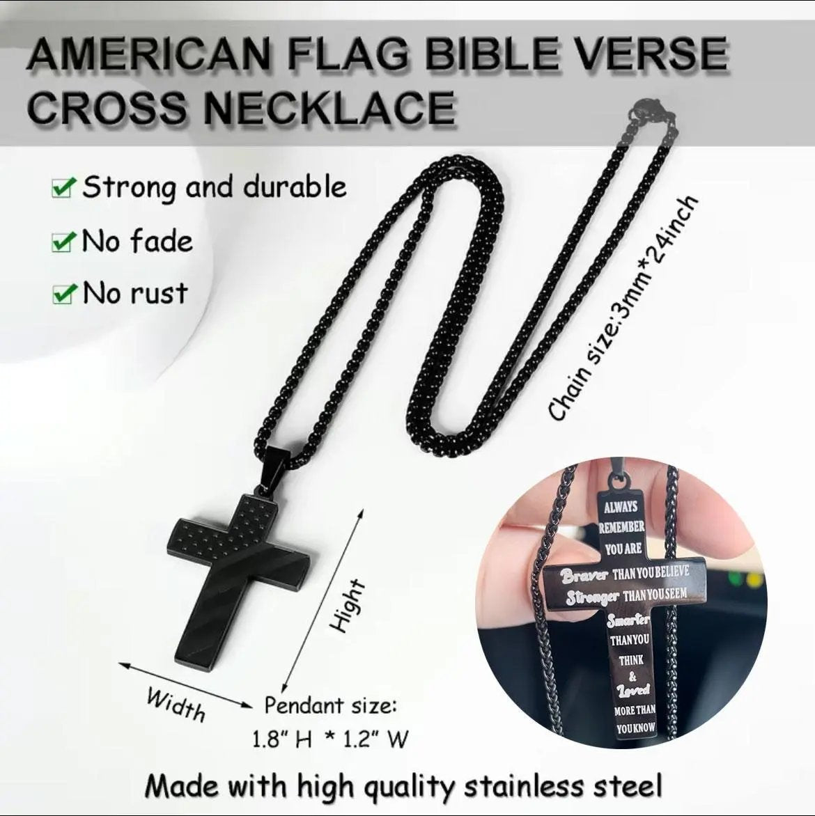 Cross Necklace With Bible Verse American Flag Pendant --Stainless Steel Men Jewelry Gift - Faith-Inspired, Bold & Patriotic Chain For Him CJ Dropshipping