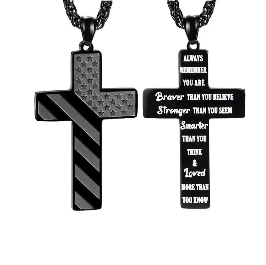 Cross Necklace With Bible Verse American Flag Pendant --Stainless Steel Men Jewelry Gift - Faith-Inspired, Bold & Patriotic Chain For Him CJ Dropshipping