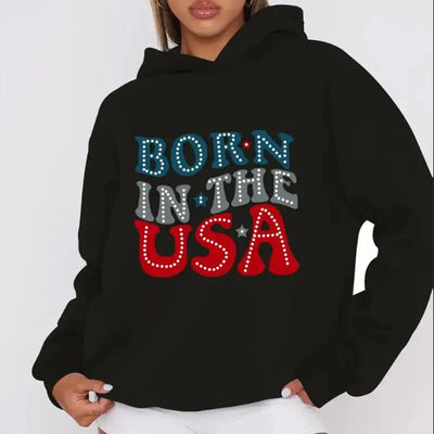 Women'S Casual  Hoodie With Born In The USA Letter & Graphic Print - Rib-Knit Hooded Sweatshirt For Fall Winter - Patriotic Slogan Pullover With Drawstring CJ Dropshipping 