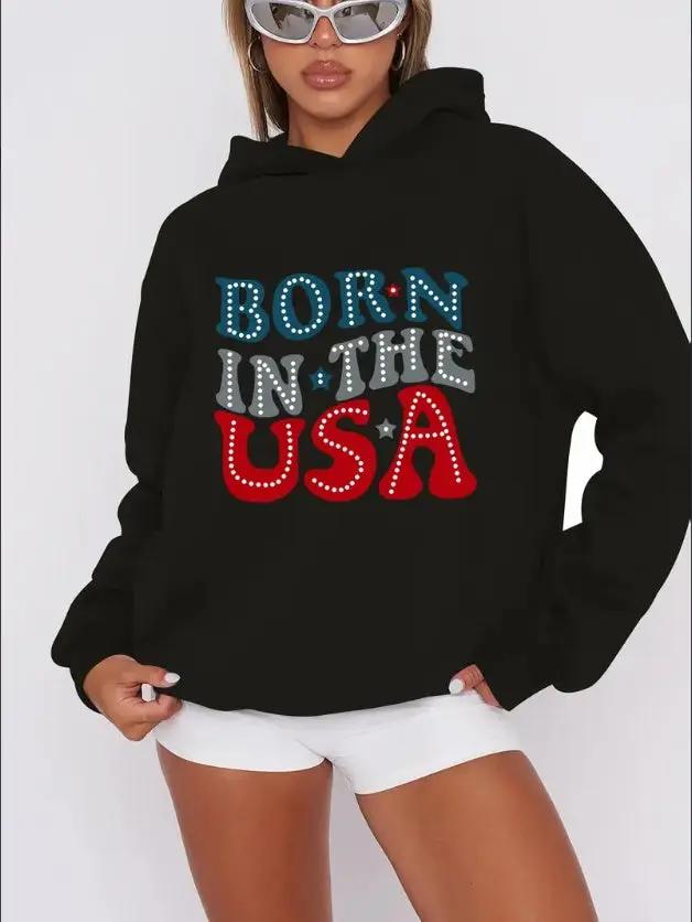 Women'S Casual  Hoodie With Born In The USA Letter & Graphic Print - Rib-Knit Hooded Sweatshirt For Fall Winter - Patriotic Slogan Pullover With Drawstring CJ Dropshipping 